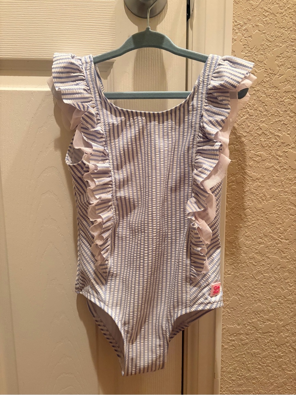 Ruffle Butts Light Blue & White Striped with tulle pink Ruffle One-Piece